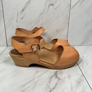 MIA Anja Womens Size 7.5 [EU 38] Brown Leather Wooden Swedish Clogs Sandals